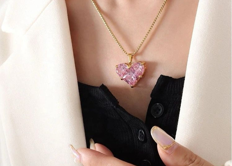Pink Heart Long Pendant Necklace