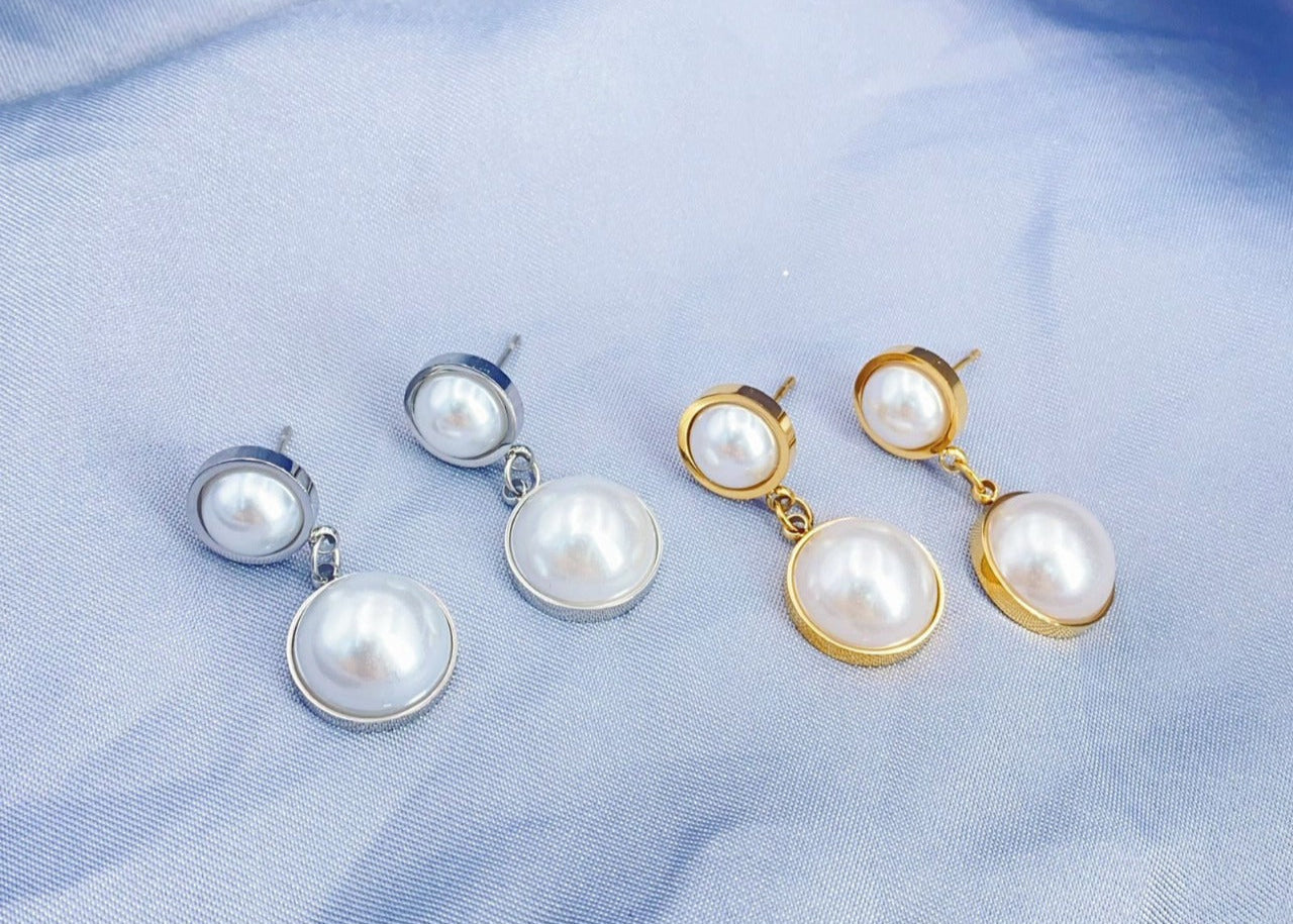 Golden Plated Round Pearl Splicing Pendant Earrings